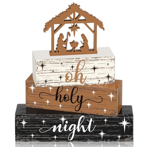 4 Pieces Christmas Nativity Scene Table Decorations Xmas Wooden Silent Night Block Signs Holy Night Tabletop Centerpieces Farmhouse Tiered Tray Decor for Home Table Kitchen Shelf - style: Jesus