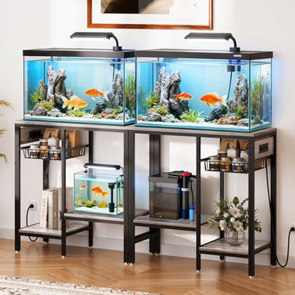 20 Gallon Fish Tank Stand with Power Outlet, Metal Aquarium Stand with Adjustable Shelves and Pull Out Wire Tray, Ample Storage for Fish Tanks Accessories, Reptile Tank Stands, Brown