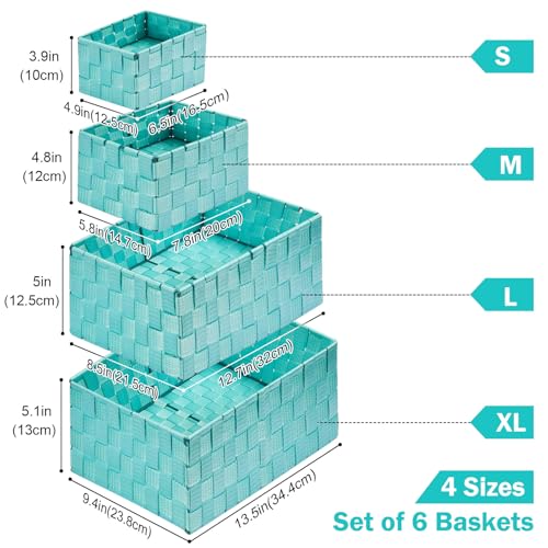 Woven Storage Baskets, Storage Bins, Cube Basket Container Baskets Storage Boxes Organizers for Clothes/Shelves/Closet, Set of 6 (Aqua)