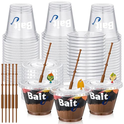 25 Set Fishing Party Favors 9 oz Bait Cups with Lids Fish Pole Decoration Clear Mini Plastic Bait Cups for Drinks Desserts Fishing Birthday Party Favors Supplies Baby Shower Decorations