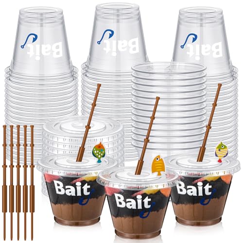 25 Set Fishing Party Favors 9 oz Bait Cups with Lids Fish Pole Decoration Clear Mini Plastic Bait Cups for Drinks Desserts Fishing Birthday Party Favors Supplies Baby Shower Decorations