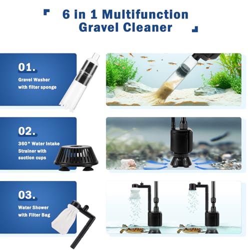 AQQA Electric Aquarium Vacuum Gravel Cleaner, 6 in 1 Automatic Fish Tank Vacuum Cleaning Tools Kit Water Changer, Multifunction Wash Sand Filter Water Circulation 20W 320GPH 110V