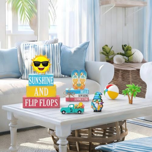 11 Pcs Summer Decorations Set Sunshine Tiered Tray Decor Hello Sweet Summer Wooden Blocks Flip Flops Coconut Tree Centerpiece for Home Office Decorations - style: Hawaiian