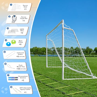Soccer Goals for Backyard Soccer Goal 12x6 Big 10x6.5 8x6 6x4FT Soccer Goals for Youth Adults and Kids Large Metal 2" Goal Post with Agility Ladder and Target Net Soccer Cones Practice Equipment - size: 10×6.5 FT