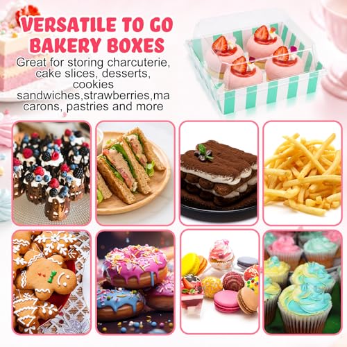 100 Pcs 5 Inch Small Charcuterie Boxes with Clear Lids Cake Slice Containers Striped Paper Bakery Boxes Disposable Food Containers for Dessert Cookie Sandwich Mini Cake Strawberry