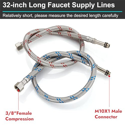 32-Inch Long Faucet Water Supply Lines, Braided Stainless Steel Supply Hose 3/8-Inch Female Compression Thread x M10 Male Connector, x 2 Pcs (1 Pair) - size: 32 Inch