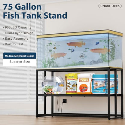 Urban Deco 55-75 Gallon Fish Tank Stand with Power Outlets, 900LBS Capacity Aquarium Stand, Metal Fish Tank Stand Dual-Layer Design Terrarium Stand, Black