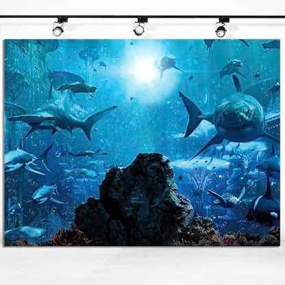 5x3ft Fabric Shark Theme Backdrop Deep-sea Ocean Shark Reef Aquarium Photography Background Birthday Theme Party Decoration Banner Kid Diver Portrait Photo Studio Props - size: 5x3 FT