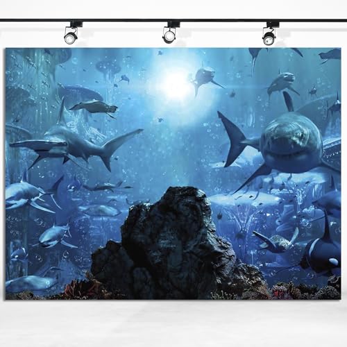 15x8ft Fabric Shark Theme Backdrop Deep-sea Ocean Shark Reef Aquarium Photography Background Birthday Theme Party Decoration Banner Kid Diver Portrait Photo Studio Props - size: 15x8 FT