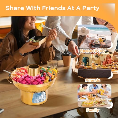 8.6 In 304 Stainless Steel Shrimp Cocktail Serving Dish, Groove Hotpot Chilled Serving Tray Gold with Ice Button, Cold Fruit Platter Tray for Parties Drinks Veggies Seafood Salad Sushi (Gold)