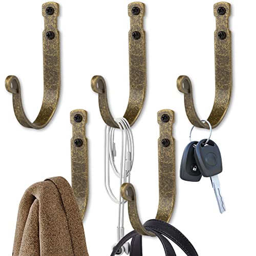Wrought Iron Hooks for Hanging Wall Mounted, 5 Pack Heavy Duty Wall Hooks - size: J Hook Bronze x 5
