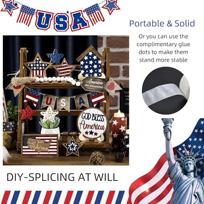 18 Pcs 4th of July Tiered Tray Decor Set - Patriotic Wooden Signs with Rustic Farmhouse Stars, Red White Blue Centerpieces for Independence Day Table & Mantel Decor(No Tray) - size: 7.1"