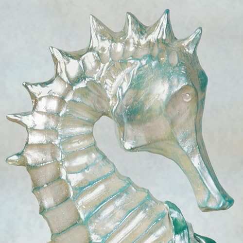 Touch of Class Coastal Seahorse & Sea Turtle Table Sculpture | Handpainted Pearlescent Metallic Ivory, Cool Blue, & Green Hues, Ocean Sealife, Coral Reef, & Seashells, Textured Sand Base