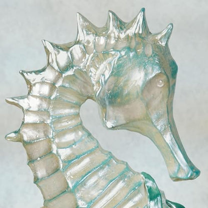 Touch of Class Coastal Seahorse & Sea Turtle Table Sculpture | Handpainted Pearlescent Metallic Ivory, Cool Blue, & Green Hues, Ocean Sealife, Coral Reef, & Seashells, Textured Sand Base
