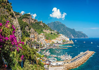 BELECO 8x6ft Italy Landscape Backdrop for Photography Amalfi Town at Famous Amalfi Coast Green Mountain Houses Blue Ocean Background Italian Theme Party Decorations Studio Photo Props Wallpaper