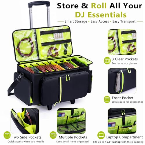 Rolling DJ Cable Bag with Wheels, DJ Equipment Bag with Laptop Compartment - color: Yellow, size: With Wheels