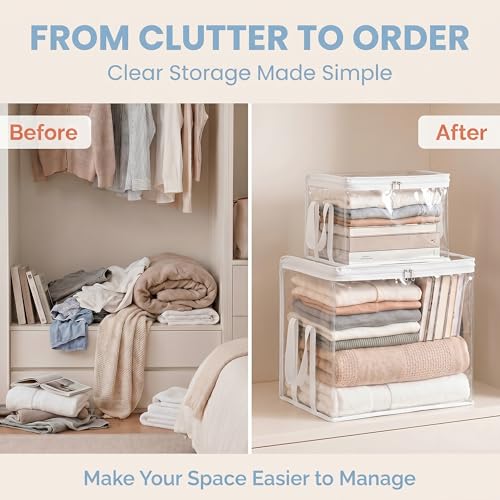 Clear Storage Bins with Lids, Plastic Storage Boxes and Closet Organizers for Under Bed Toy Storage, Foldable Moving Bags for Packing Clothes (White-8PCS, Small: 12.6 x 9.5 x 9.8 in)