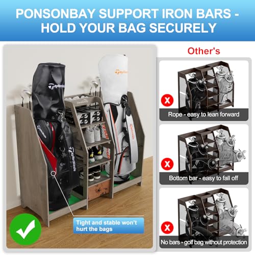 Golf Bag Storage Organizer Holds 2 Golf Bags for Garage - Wooden Rack - color: Grey
