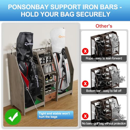 Golf Bag Storage Organizer Holds 2 Golf Bags for Garage - Wooden Rack - color: Grey