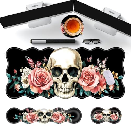 Large Gaming Mouse Pad, Keyboard Wrist Rest Pad & Wrist Support Mousepad Set, Stitched Edge, Extended, Non-Slip Base, Memory Foam Desk Mat for Office, Home,Floral Skull - color: Floral Skull