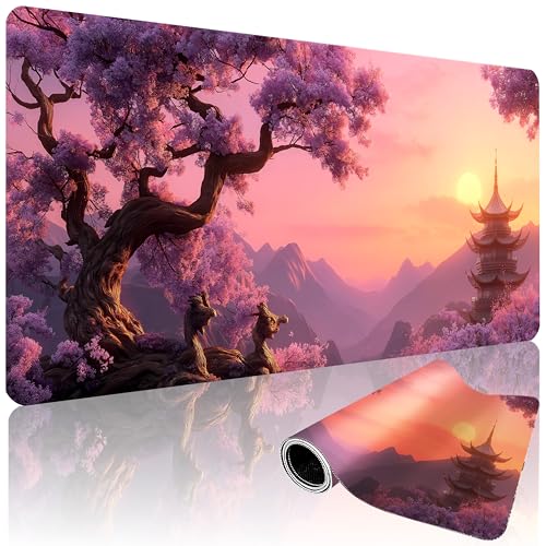 XXL Gaming Mouse Pad 35.4 x 15.7 Inch, Large Extended Desk Mousepad with Cherry Blossom Design, Water-Resistant Surface, Stitched Edges, Non-Slip Rubber Base Desk Mat - color: Cherry Blossom