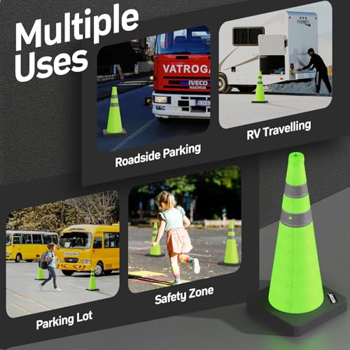 BATTIFE 28 inch Collapsible Green Traffic Safety Cones Weighted Base 2 Pcs - color: Green