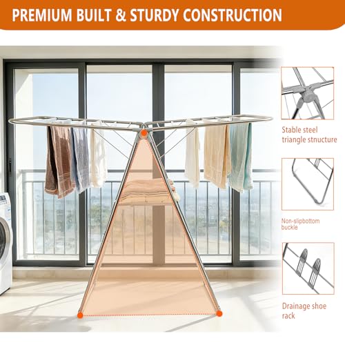 Clothes Drying Rack Foldable -Height Adjustable Laundry Drying Rack Large Space, Winged Laundry Rack with Sock Clips for Hanging Towels Clothes Dress Bedding Indoor Outdoor, Gray - size: 1-Level