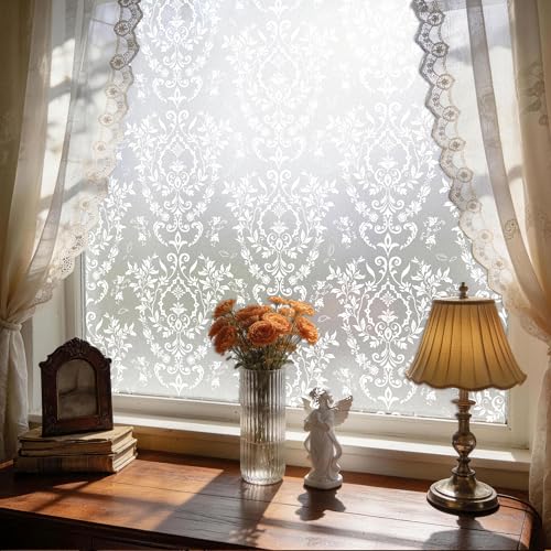 Frosted Damask Window Privacy Film, 78.5" L x 17.5" W, Decorative Non-Adhesive Static Cling, Heat Control & UV Blocking, Anti-Glare Sticker for Home Office Bathroom