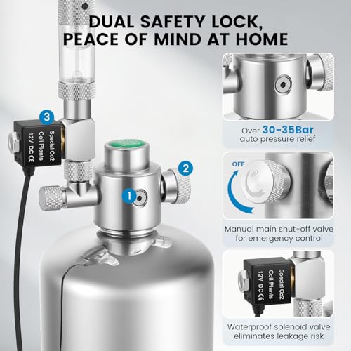 2L Aquarium Co2 System with with Complete Accessories | External Thread Prevent Leaks, Dual Safety Valves & Solenoid, Precise Aquarium Co2 Levels Stable Control Solutions