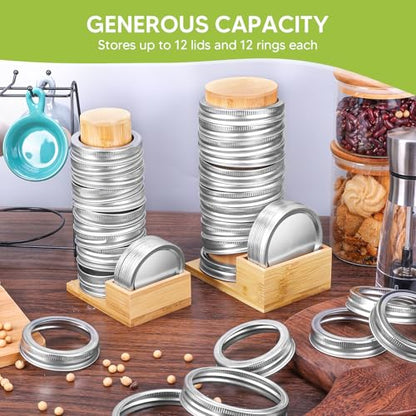 2PCS Mason Jar Lid Organizer & Holder (Wide Mouth & Regular Mouth) Bamboo Ball Jar Wooden Storage Accessories for Home Kitchen Organization Fit Mason/Canning/Bamboo Lids, Holds 20 Lids & 20 Rings