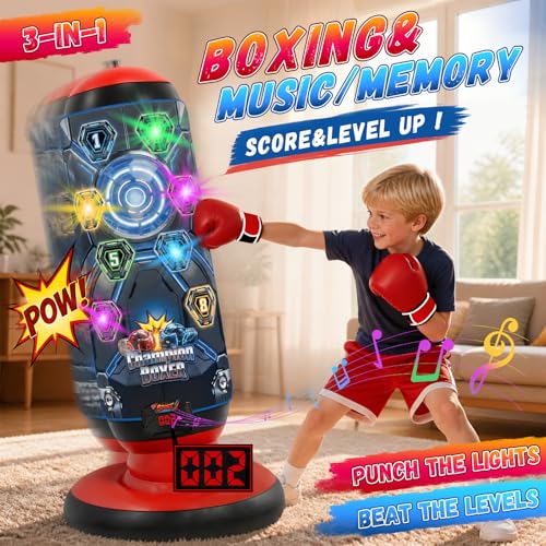 Kids Punching Bag with Gloves & Pump, Inflatable Boxing Set Electronic Boxing Bag with Music & Lights, Freestanding Martial Arts Toy with 4 Smart Game Modes, Birthday Gift for Boys and Girls Ages 4-12