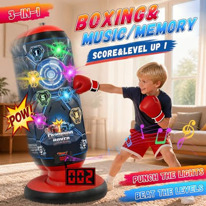 Kids Punching Bag with Gloves & Pump, Inflatable Boxing Set Electronic Boxing Bag with Music & Lights, Freestanding Martial Arts Toy with 4 Smart Game Modes, Birthday Gift for Boys and Girls Ages 4-12