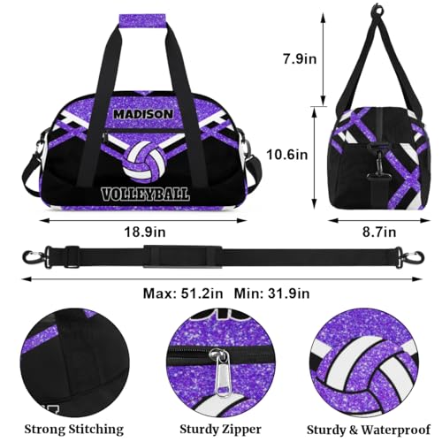 Custom Name Overnight Duffel Bag Volleyball Bag Purple Black Glitters | Personalized Sports Gym Bag Travel Weekender Bags - color: Purple Black