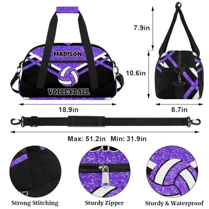 Custom Name Overnight Duffel Bag Volleyball Bag Purple Black Glitters | Personalized Sports Gym Bag Travel Weekender Bags - color: Purple Black