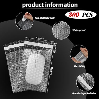 Frienda 300 Pcs Clear Self Sealing Bubble Cushion Bags Double Wall Bubble Pouch Bag Plastic Shockproof Protective Packing for Small Business Moving Shipping Packaging Storage(4" X 6")