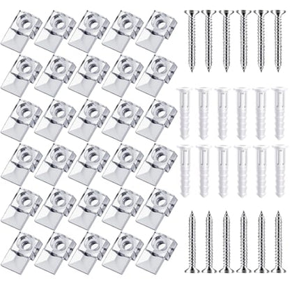 30-Piece Mirror Holder Clip Glass Crystal Clear Plastic Mirror Clip Fixing Clip Kit with Screws and Mirror Hanging Kit (Silver)
