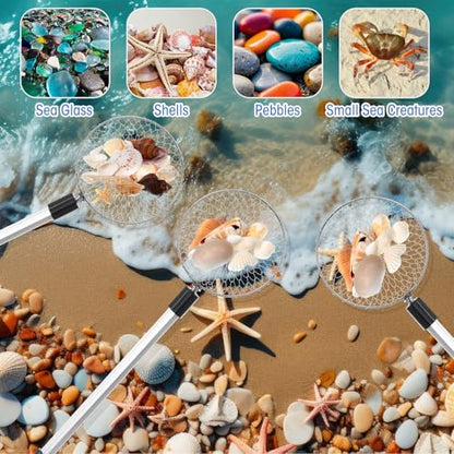 4 Pcs Shark Tooth Sifter Beach Sand Sifter Set 41.4" Adjustable Beach Sand Scoop Shell Scooper with Long Handle for Picking up Shells Beachcombing Rock Hunting