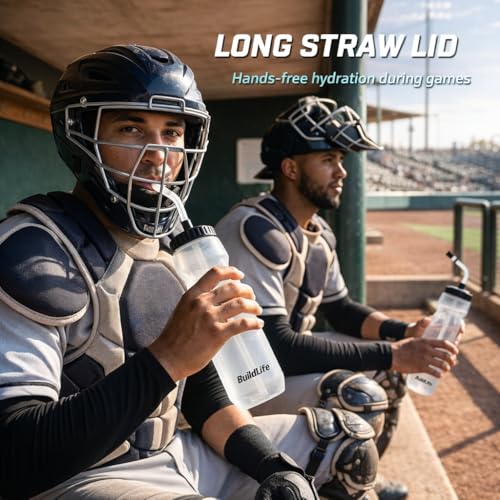 BuildLife Hockey Water Bottle with Long Straw, 32 OZ, 2 Pack, Clear - color: Clear