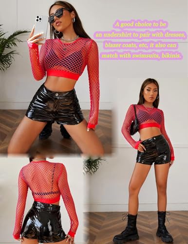 Avidlove Fishnet Top Women Mesh Long Sleeve Crop Blouse See Through Shirt Rave Goth XS-3XL - color: Red, size: Large