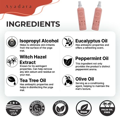 Ayadara Yoga Mat Cleaner Spray, Cleaning Spray for Yoga Accessories, All Purpose Mat Spray for Gym Equipment, Workout Mat Spray With Tea Tree Oil, Yoga Mat Spray Cleaner, 1000 Sprays per Bottle 2-Pack