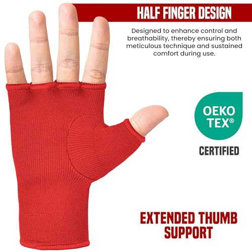 RDX Boxing Hand Wraps Inner Gloves Men Women, Half Finger Elasticated Bandages, Under Mitts Fist Protection, Muay Thai, Kickboxing, MMA, Martial Arts Speed Bag Punching Training - color: Red White, size: X-Large