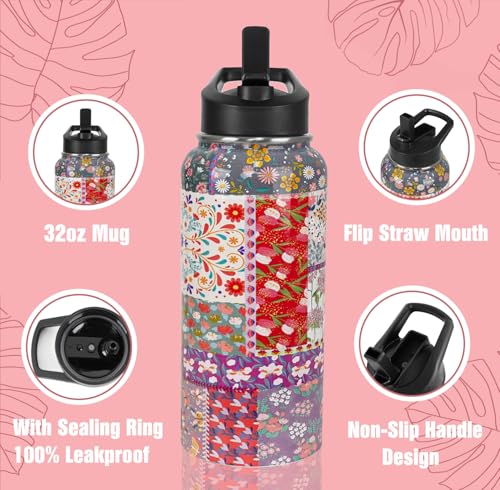 Pioneer Women Water Bottle with Straws Insulated Sports Bottle Boho Flower Travel Thermal Double Walled Vacuum Cup Leak Proof Stainless Steel Tumbler Mother's Day Gifts-32 oz - color: Red