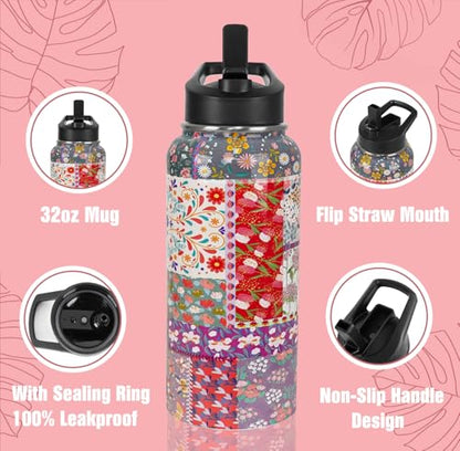 Pioneer Women Water Bottle with Straws Insulated Sports Bottle Boho Flower Travel Thermal Double Walled Vacuum Cup Leak Proof Stainless Steel Tumbler Mother's Day Gifts-32 oz - color: Red