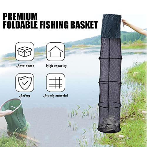 Fishing Cage Basket, Collapsible Nylon Fish Baskets, Fish Keeping Net with Anchor Bolt, for Minnows,Crab,Shrimp,Crawfish-Black(60X13 in)