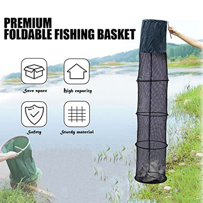 Fishing Cage Basket, Collapsible Nylon Fish Baskets, Fish Keeping Net with Anchor Bolt, for Minnows,Crab,Shrimp,Crawfish-Black(60X13 in)