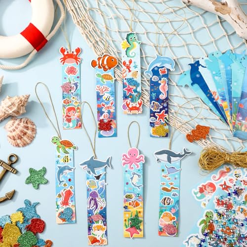 Frienda 48 Sets Summer Ocean Bookmarks Craft Kits DIY Under The Sea Stickers Shark Make Your Own Bookmarks Paper Craft Summer Party Games for Ocean Animals Classroom Activity Supplies - style: Sea Animals