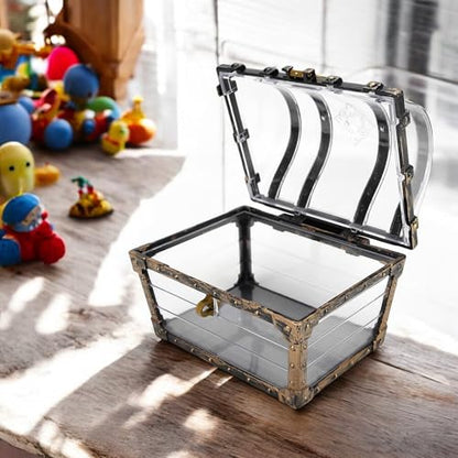Treasure Chest Box, Small Pirate Treasure Case with Lock and Key, Transparent Jewelry Storage Container Display Toy Candy Seashell Gemstone Crystal Keepsake Gift, Retro Nautical Home Decor 5''x4.5''
