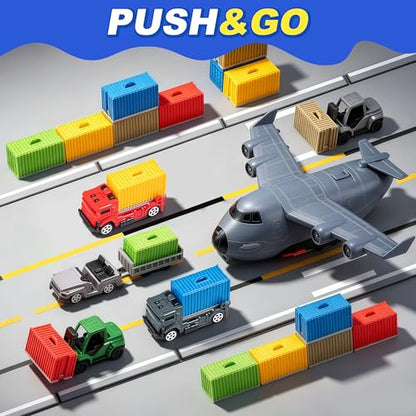Cargo Ship Toy & Airplane Toy, Toy Boat and Gantry Crane Playset with Play Mat, Transport Containers, Push and Go Vehicle Cars, Kids Play Boats for Boys Girls