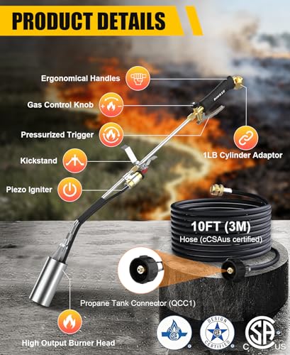 Propane Torch Weed Burner - 2,400,000 BTU Heavy Duty Blow Torch with Igniter & 10FT Hose, Flamethrower with 1LB Cylinder Adapter & Flame Control/Turbo Trigger for Weeding Wood Ice Snow Roof BBQ