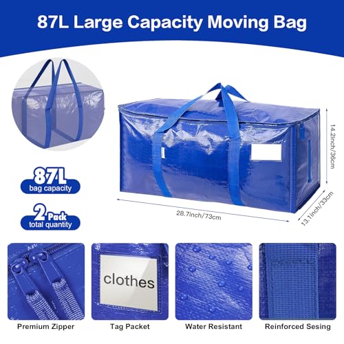 Extra Large Storage Bags, 23 Gallon Capacity, Waterproof Moving Totes with Handles and Label Pocket, Heavy Duty Zipper, Polypropylene Woven Fabric, Foldable Design (2 Pack Blue)
